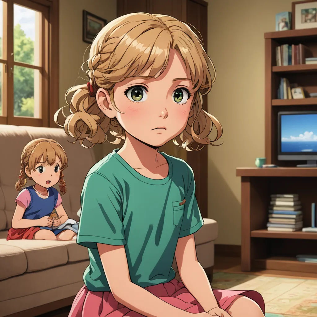 a girl sitting on the floor in front of a tv and a little girl sitting on the floor in front of a couch, sots art, a character portrait, Eizan Kikukawa, official art