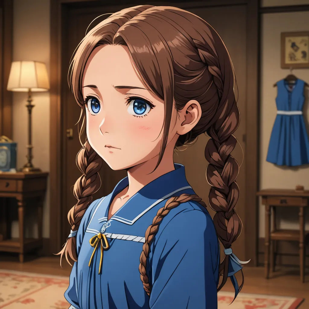 a girl with a braid in a blue dress in a room with a rug and a lamp on the floor, sots art, a character portrait, Chizuko Yoshida, official art