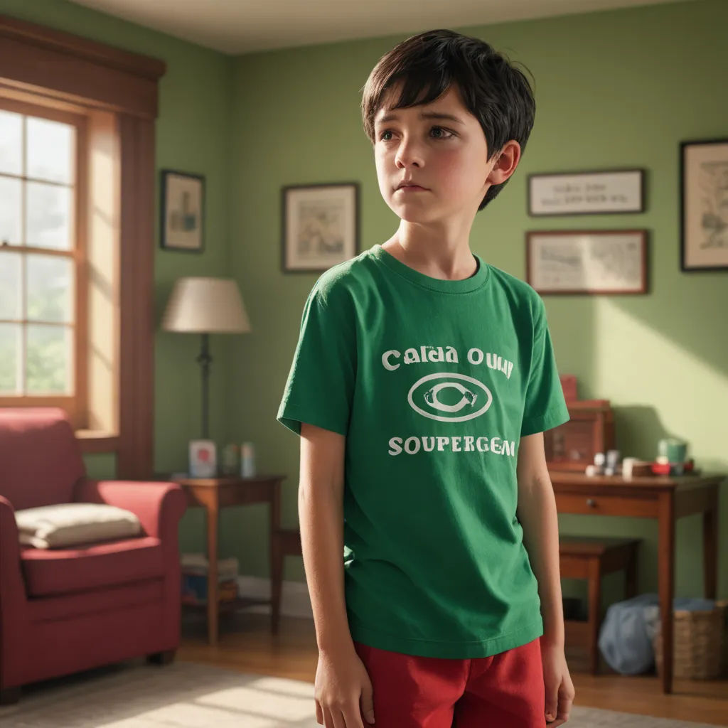 a young boy in a green shirt stands in a living room with a red chair and a red couch, hyperrealism, a character portrait, Cassius Marcellus Coolidge, promotional image