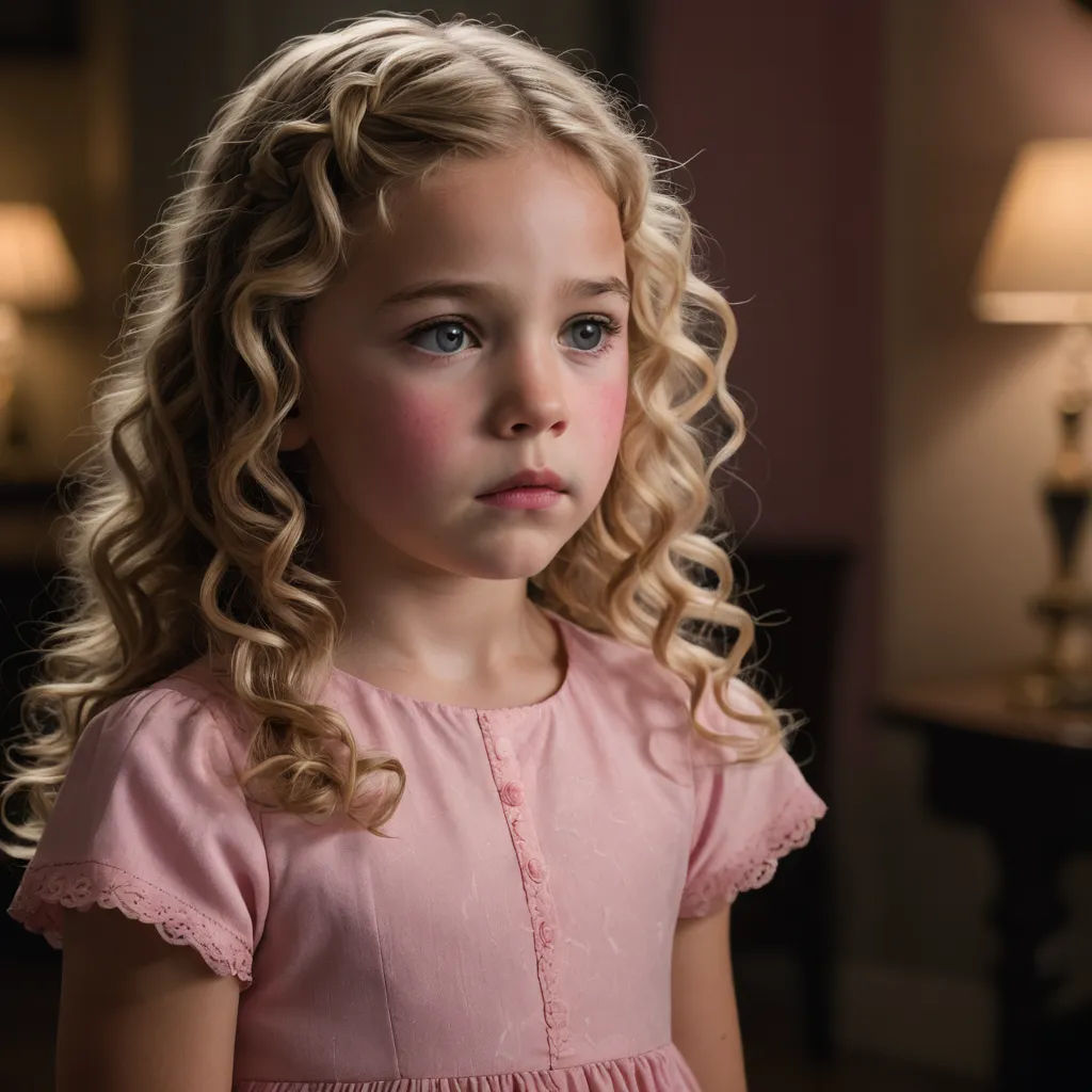 a little girl with blonde hair and blue eyes looking at the camera with a serious look on her face, magical realism, a character portrait, Clarice Beckett, movie still