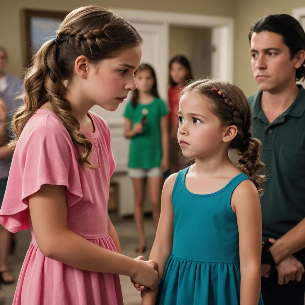 a little girl standing next to a man in a room with other people around her and a man standing behind her, american realism, a renaissance painting, Araceli Gilbert, promotional image