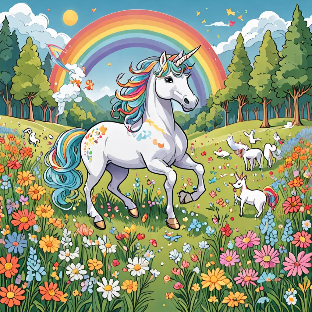 a unicorn and her baby are in a field of flowers and trees with a rainbow in the background and a rainbow in the sky, magical realism, a storybook illustration, Chris LaBrooy, furaffinity