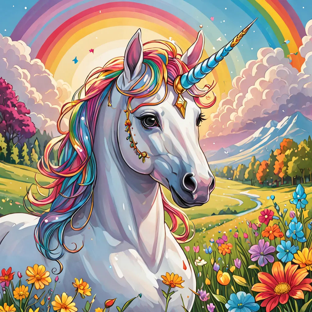 a unicorn with a rainbow mane standing in a field of flowers and daisies with a rainbow in the background, fantasy art, a character portrait, Chris LaBrooy, rossdraws global illumination