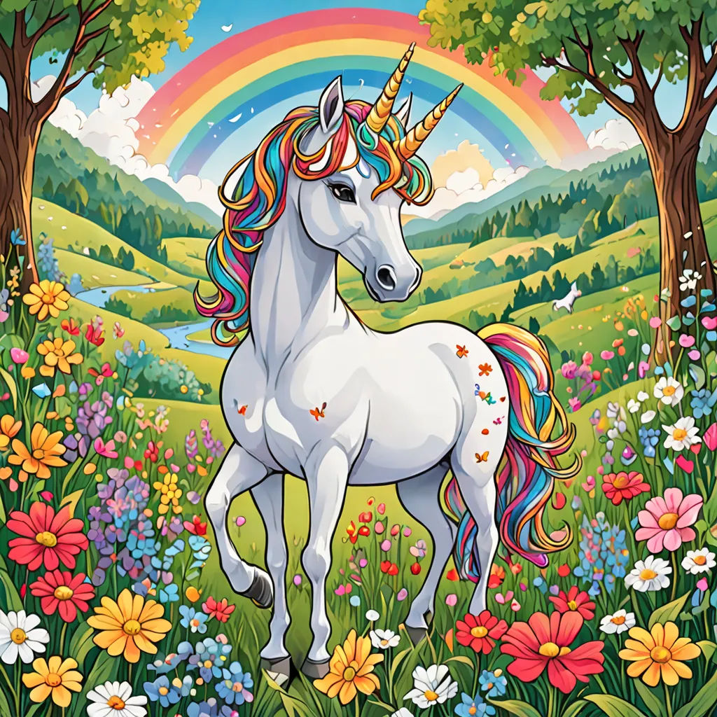 a unicorn standing in a field of flowers and trees with a rainbow in the background and a rainbow in the sky, fantasy art, a character portrait, Chris LaBrooy, furaffinity