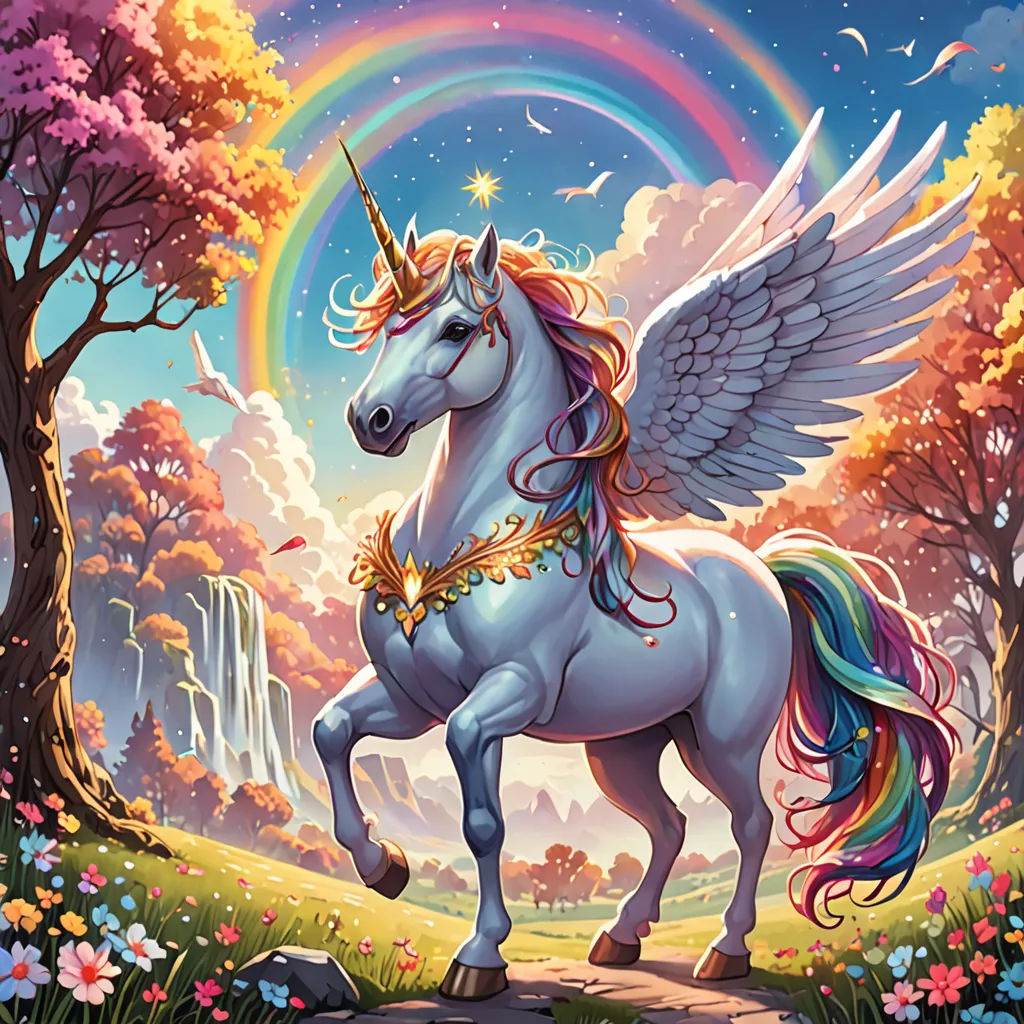 a unicorn with wings standing in a field with trees and flowers in the background, with a rainbow in the sky, fantasy art, a storybook illustration, Anne Stokes, rossdraws global illumination