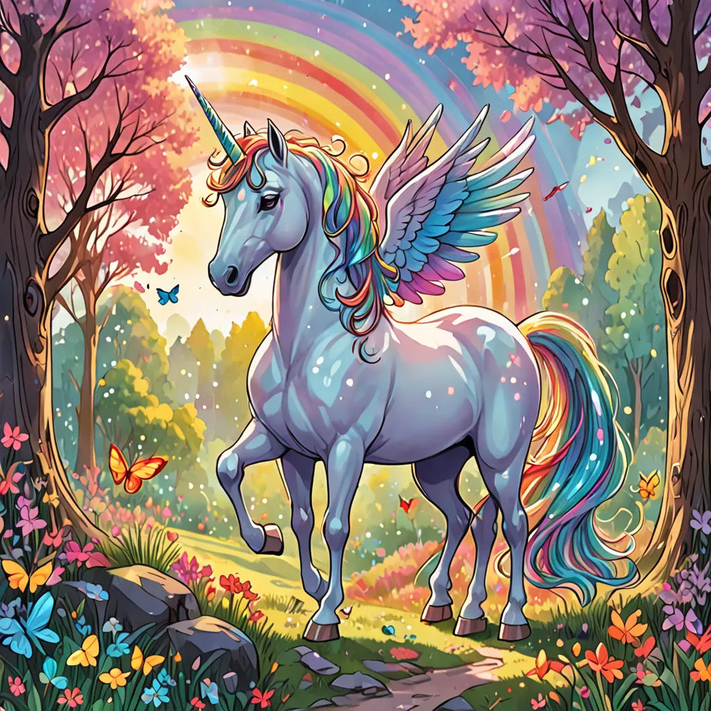 a unicorn with wings standing in a forest with a rainbow in the background and a butterfly flying over it, fantasy art, a storybook illustration, Chris LaBrooy, rossdraws global illumination