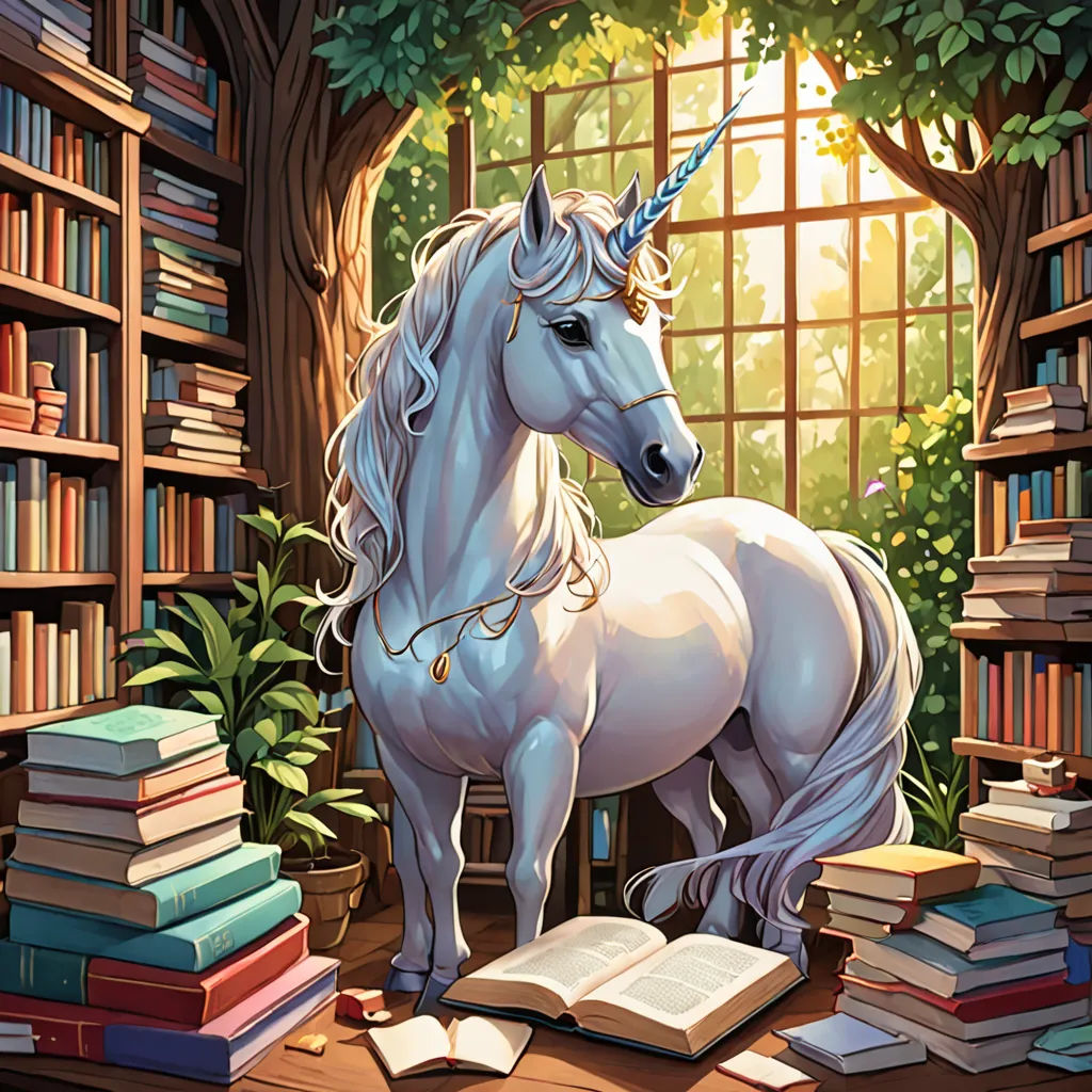 a unicorn standing in front of a bookcase filled with books and a window with a forest view behind it, fantasy art, a storybook illustration, Chris LaBrooy, rossdraws global illumination