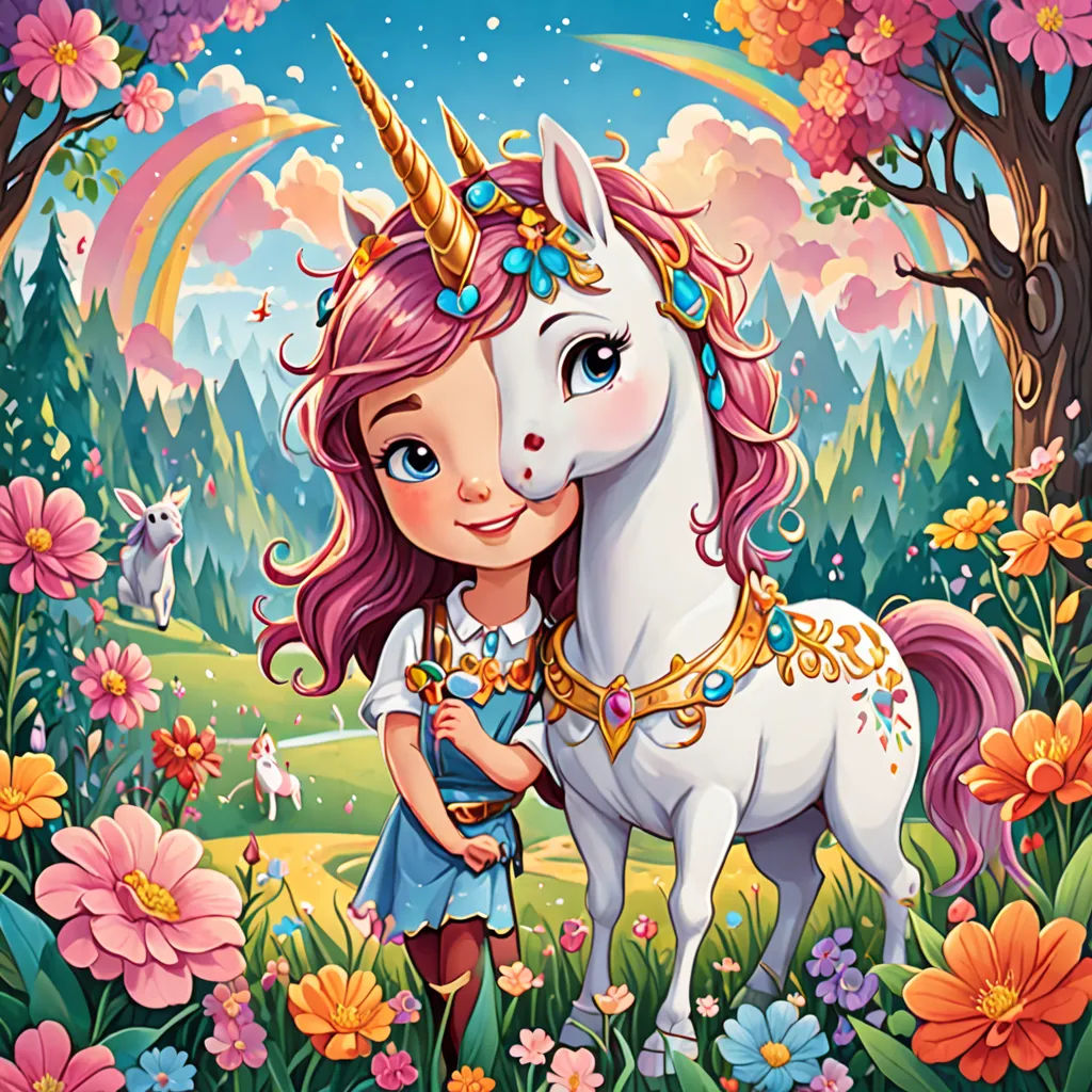 a girl is hugging a unicorn in a field of flowers and trees with a rainbow in the background and a rainbow in the sky, pop surrealism, a storybook illustration, Anne Stokes, rossdraws global illumination