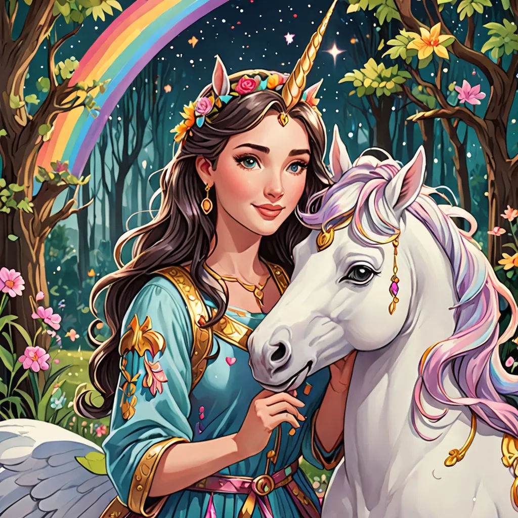 a girl in a blue dress is holding a white unicorn in a forest with a rainbow in the background, fantasy art, a storybook illustration, Anne Stokes, fantasy illustration