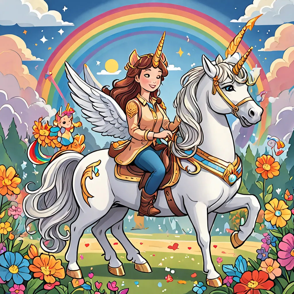 a girl riding a white unicorn with a rainbow in the background and flowers around her, with a rainbow in the background, fantasy art, a storybook illustration, Anne Stokes, official art