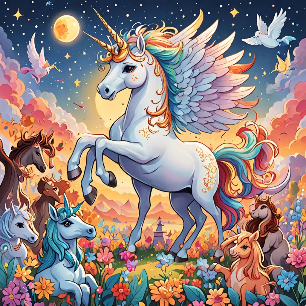 a painting of a unicorn surrounded by other animals in a field of flowers and trees with a full moon in the background, fantasy art, a storybook illustration, Anne Stokes, rossdraws global illumination