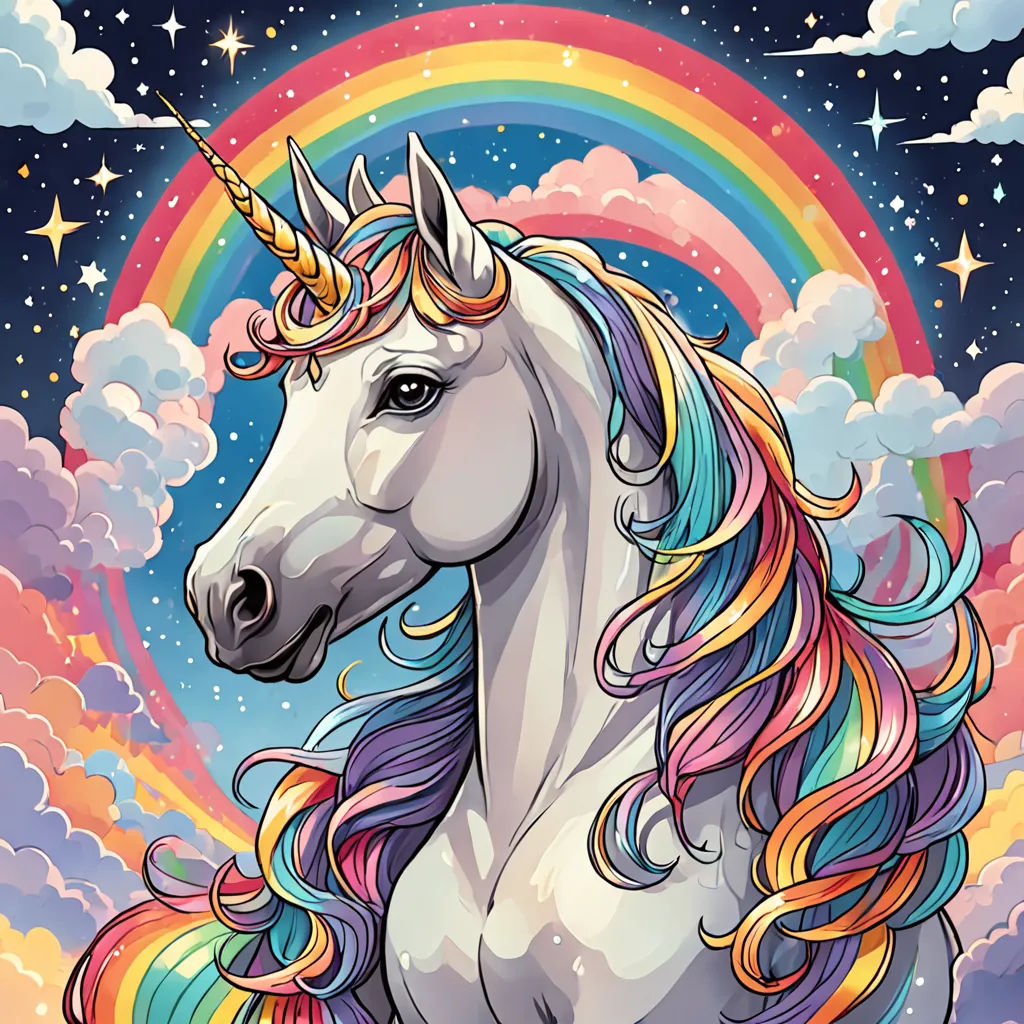 a unicorn with a rainbow mane standing in the clouds with a rainbow in the background and a rainbow in the sky, furry art, a character portrait, Chris LaBrooy, highly detailed digital art