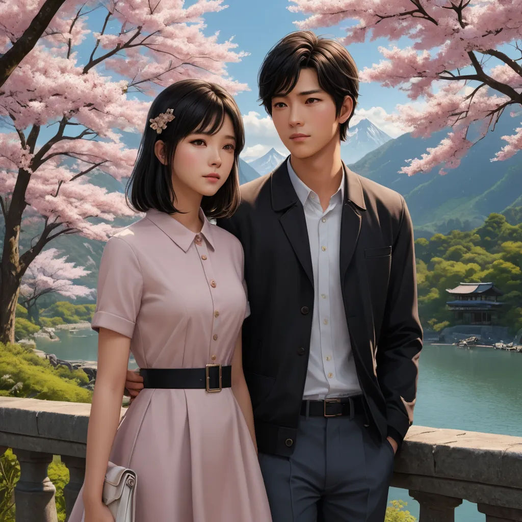 a man and a woman standing next to each other in front of a painting of a cherry blossom tree, photorealism, a hyperrealistic painting, Artgerm, stanley artgerm lau