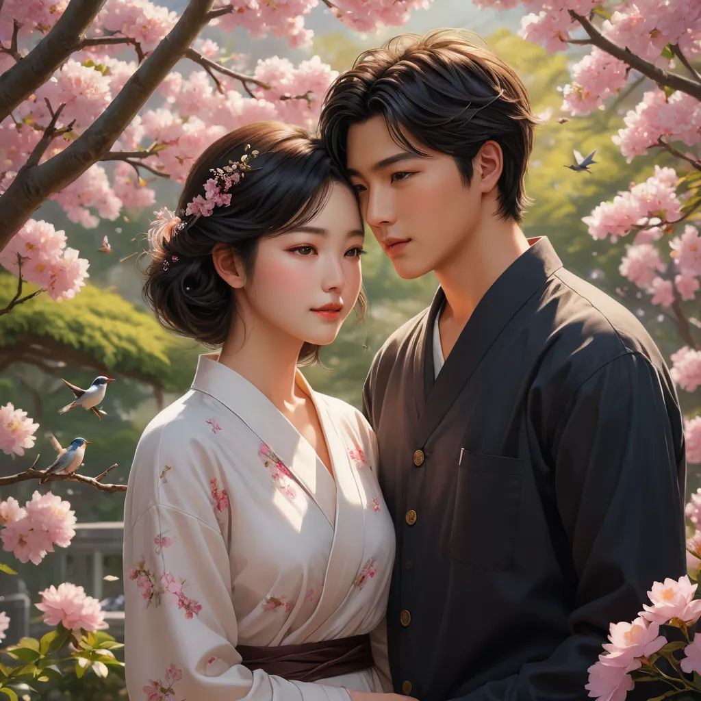 a painting of a couple in front of a tree with pink flowers and birds flying around them, with a bird flying over them, cloisonnism, a photorealistic painting, Artgerm, stanley artgerm lau