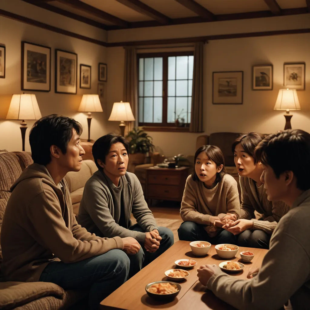 a group of people sitting around a table with food on it in a living room next to a lamp, dau-al-set, a hologram, Byeon Sang-byeok, movie still