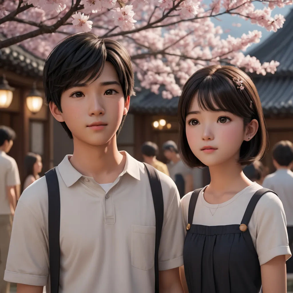 a couple of people standing next to each other under a tree with pink flowers on it and a building in the background, photorealism, a detailed matte painting, David Park, cgstudio