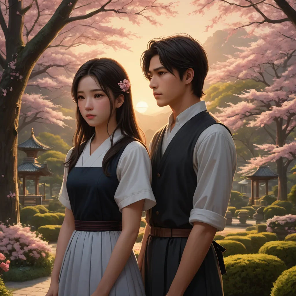 a painting of two people standing next to each other in front of a tree with pink flowers in it, fantasy art, a painting, Artgerm, rossdraws global illumination