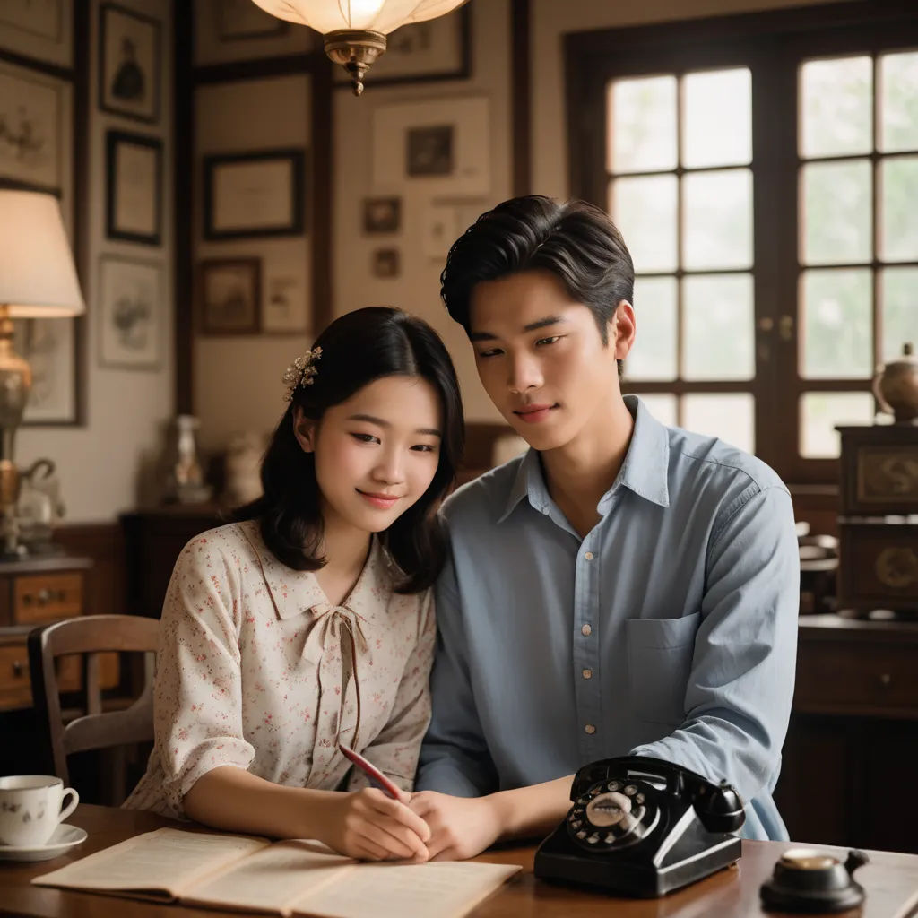 a man and woman sitting at a table with a phone and a book in front of them, writing, art & language, a photocopy, Byeon Sang-byeok, movie still