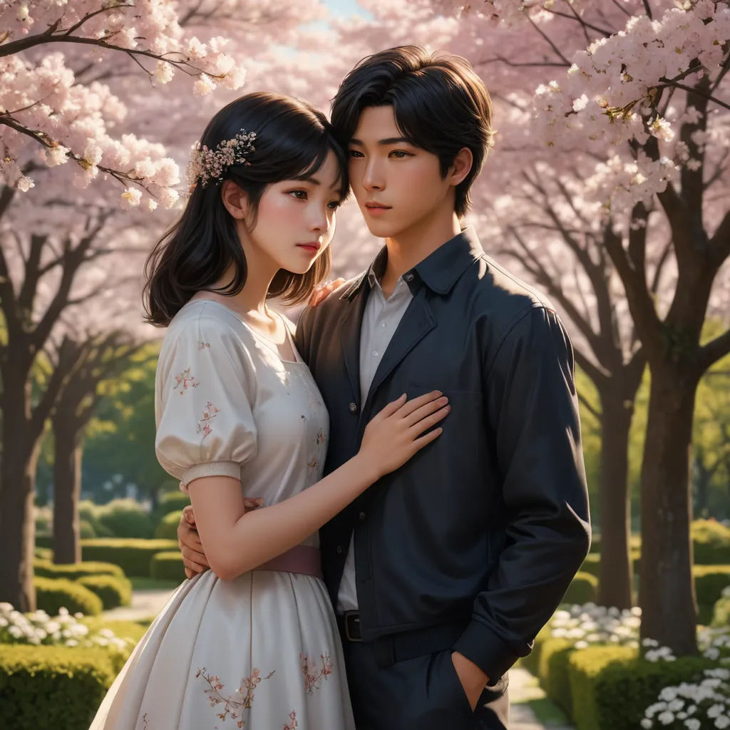 a couple standing next to each other under a tree filled with pink flowers in a park with a man and woman, photorealism, a photorealistic painting, Artgerm, rossdraws global illumination