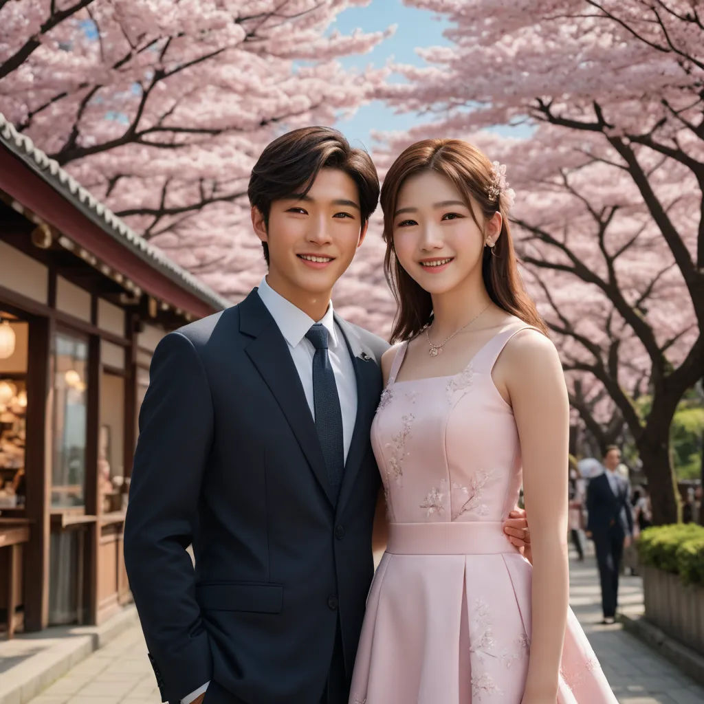 a man and a woman standing next to each other in front of a tree with pink flowers on it, aestheticism, a poster, Chen Jiru, movie still