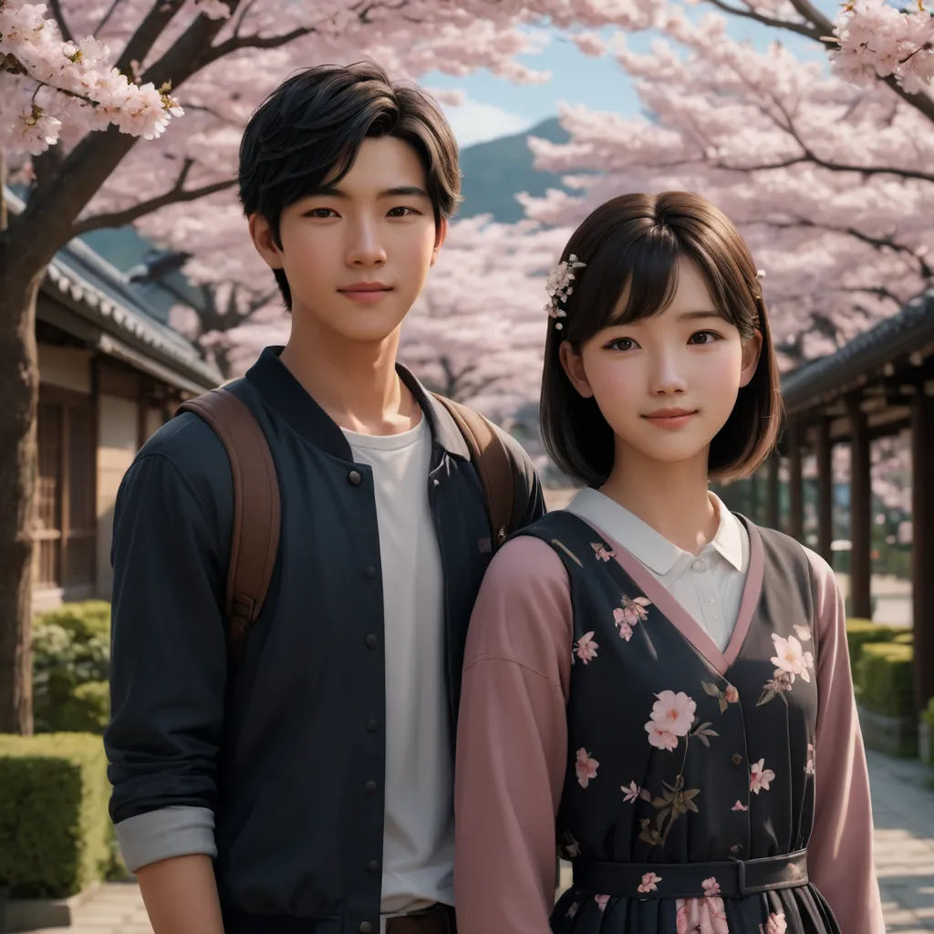 a couple standing next to each other under a tree with pink flowers on it's branches in front of a building, cloisonnism, a poster, Chen Lin, movie still