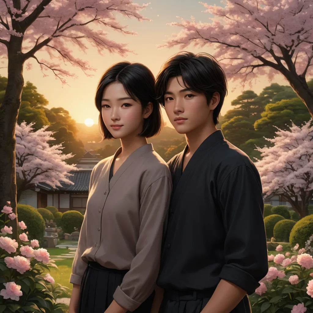 a painting of two people standing in front of a tree with pink flowers in the background and a sunset behind them, ukiyo-e, a photorealistic painting, An Gyeon, official art