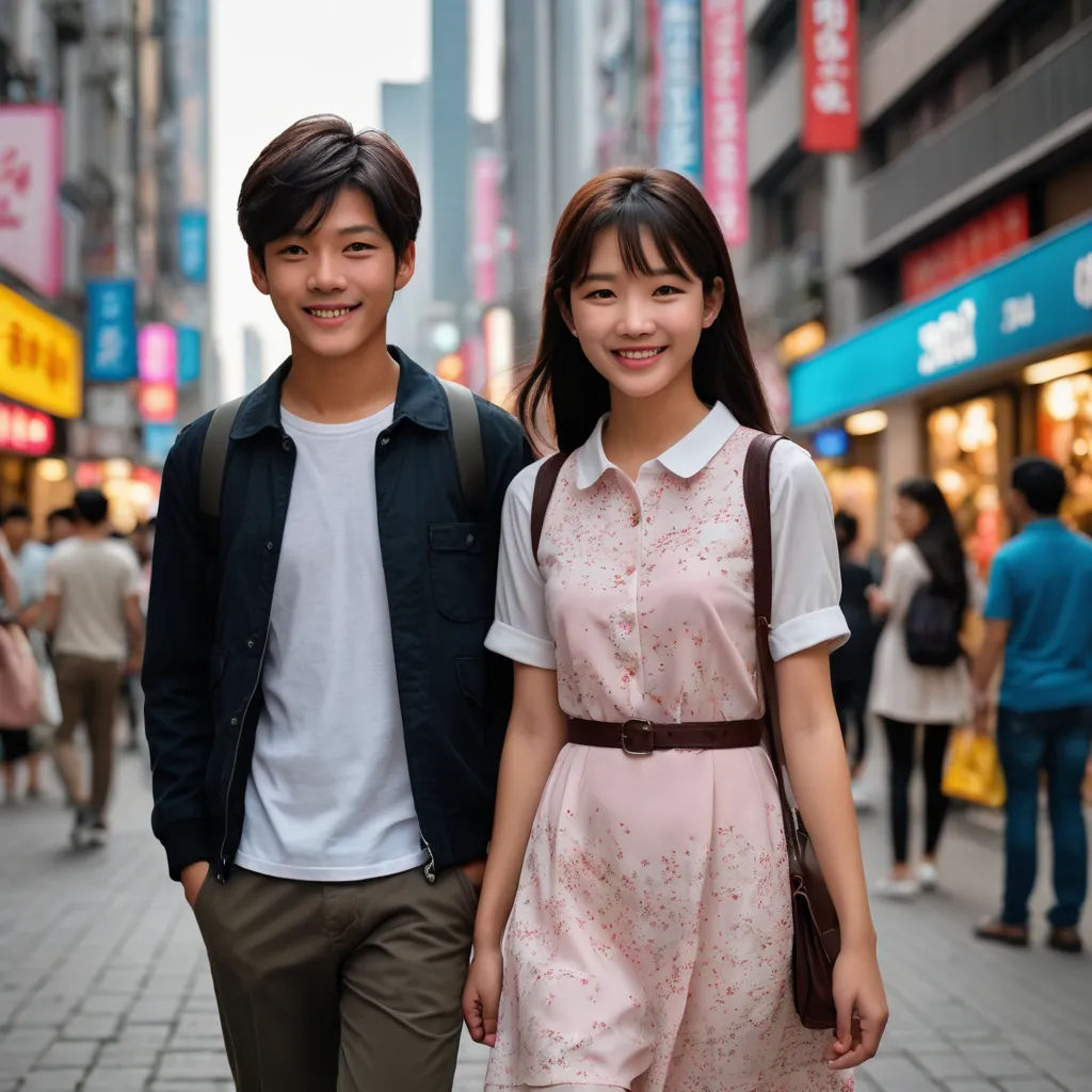 a man and a woman walking down a street together in a city with tall buildings in the background and people walking around, rayonism, a poster, Chen Jiru, movie still