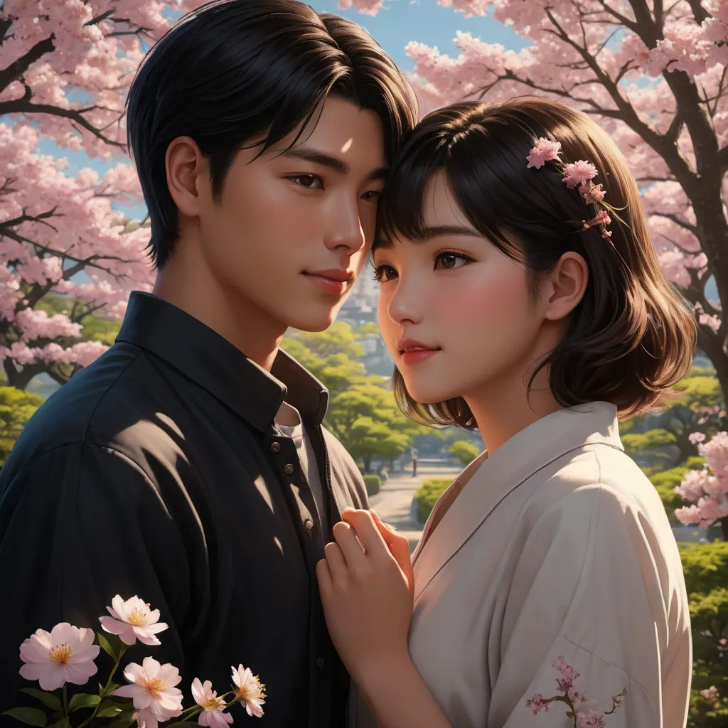 a couple standing next to each other in front of a tree filled with pink flowers and a man in a black shirt, photorealism, a photorealistic painting, Artgerm, rossdraws global illumination