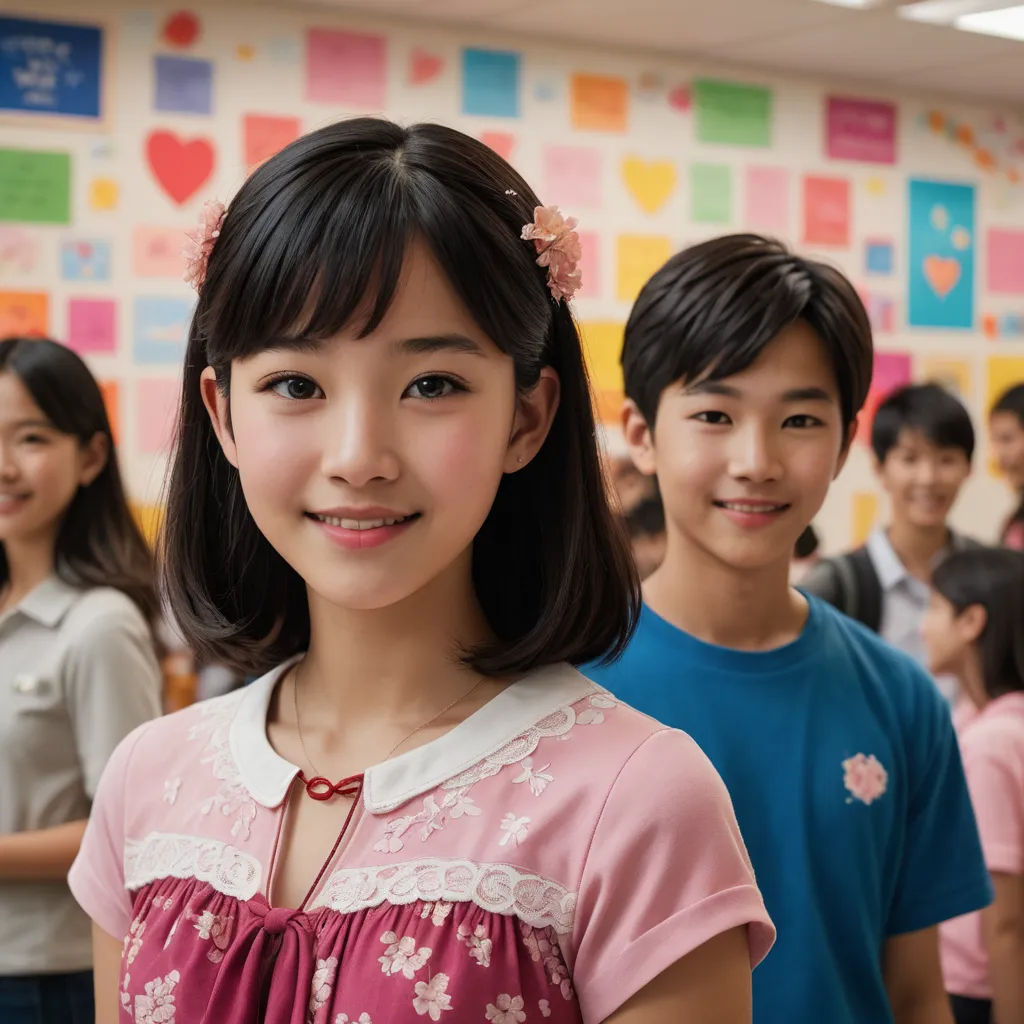 a group of children standing in front of a wall with posters on it and a girl in a pink dress, aestheticism, a poster, Chen Jiru, movie still