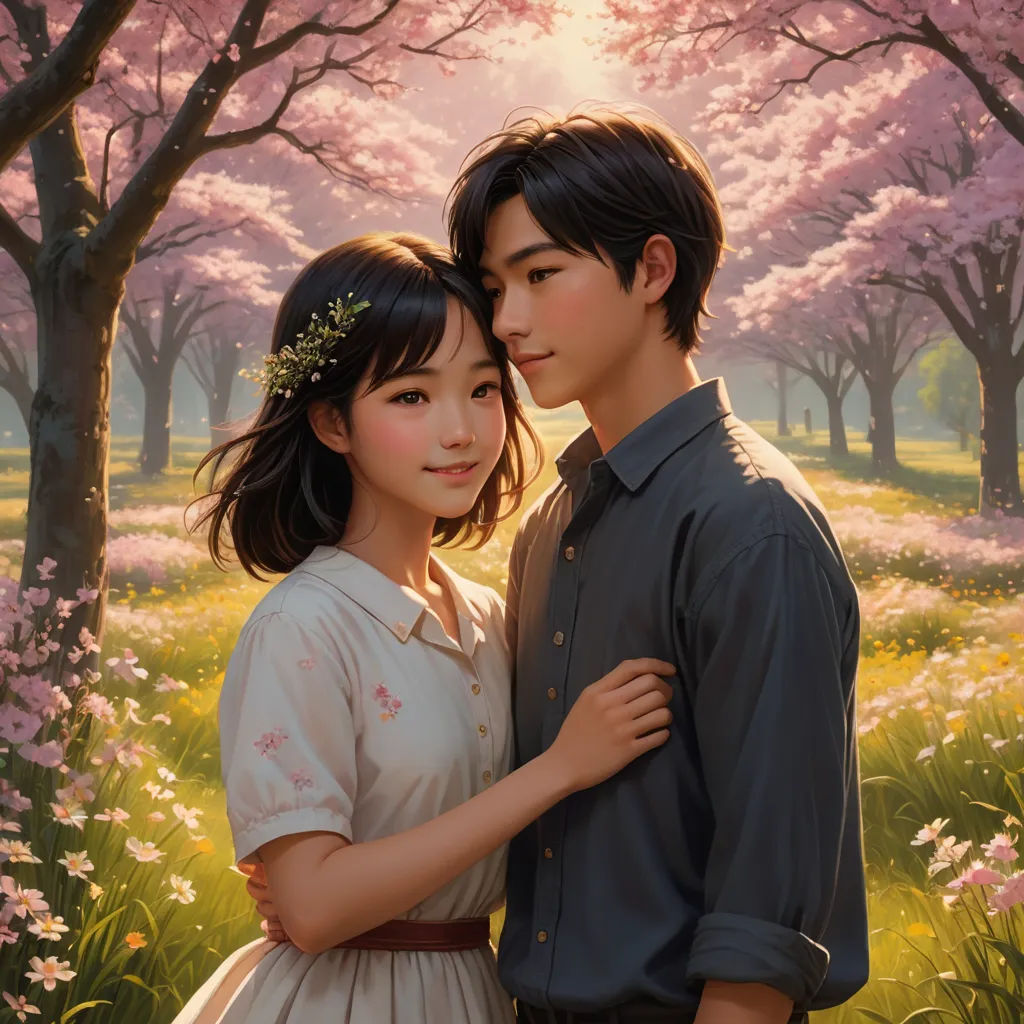 a painting of a couple standing in a field of flowers with trees in the background and a sun shining through the trees, sots art, a painting, Artgerm, official art
