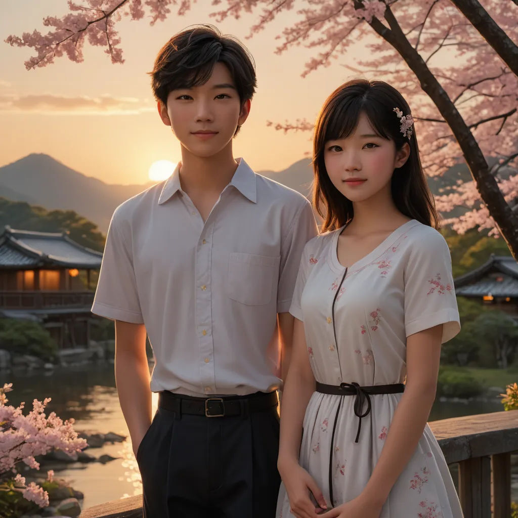 a couple standing next to each other in front of a tree with pink flowers in bloom at sunset in a park, aestheticism, a photorealistic painting, Beeple, kyoto studio