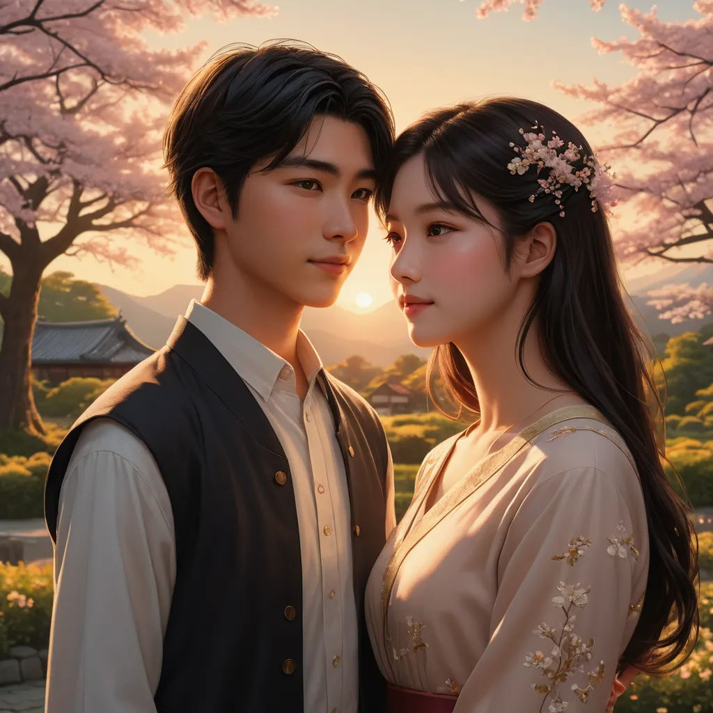 a couple standing next to each other under a tree with pink flowers on it's branches in front of a sunset, fantasy art, a photorealistic painting, Artgerm, rossdraws global illumination