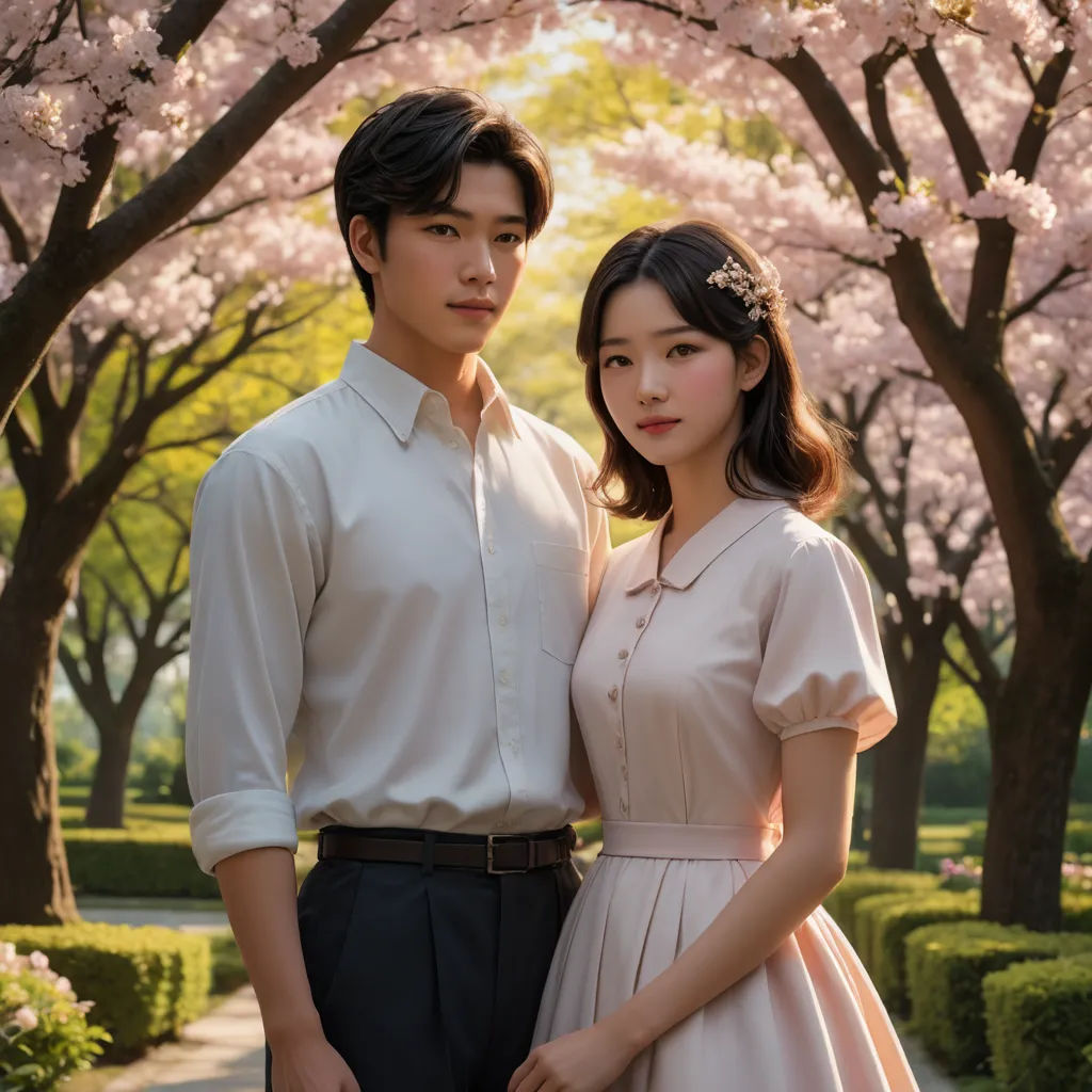 a man and a woman standing in front of a tree with pink flowers in bloom in a park with a path, aestheticism, a poster, David Park, movie still