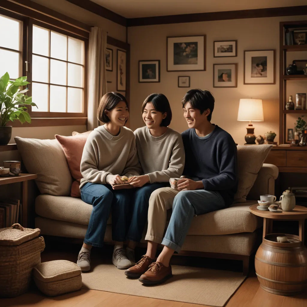 a couple of people sitting on a couch together in a room with a window and a table with a vase, video art, a stock photo, An Gyeon, canon eos r 3