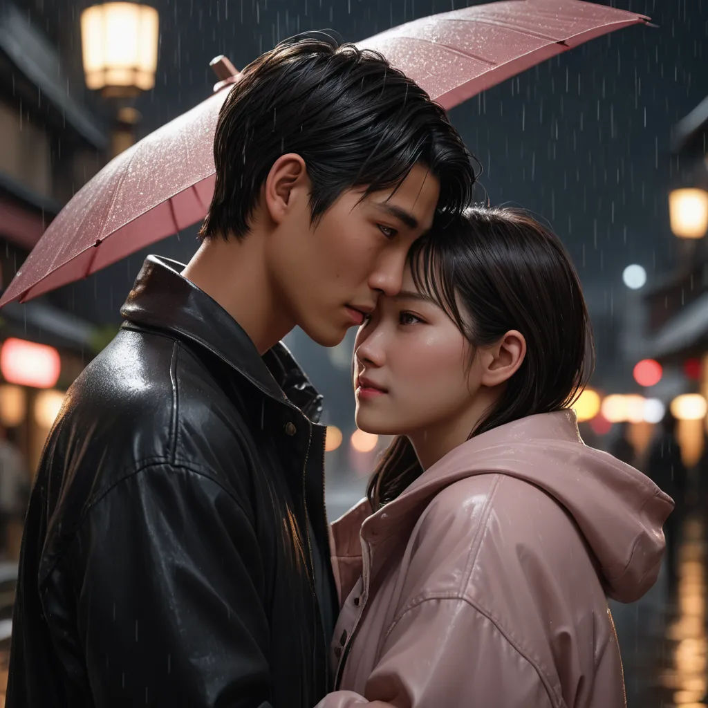 a man and a woman standing under an umbrella in the rain in a city at night time, with a street light in the background, aestheticism, a poster, David Park, movie still