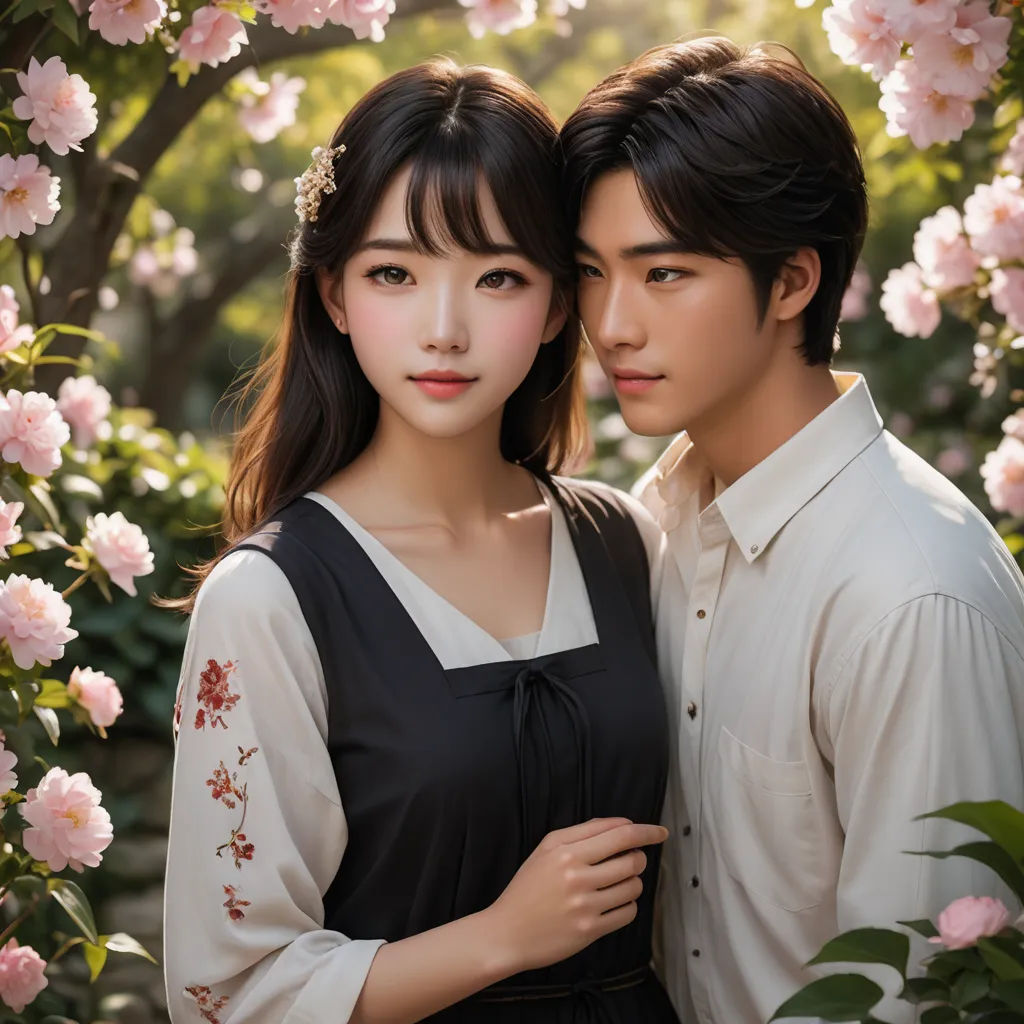 a couple standing next to each other in front of flowers and trees with pink flowers on them and a man and woman standing next to each other, aestheticism, a photorealistic painting, Bian Jingzhao, ultra realistic faces
