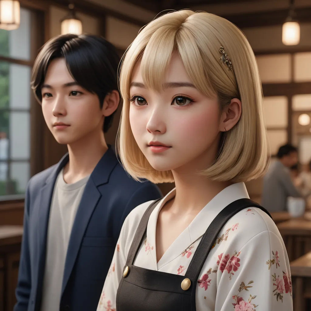 a couple of people standing next to each other in a room with a window and a table with chairs, les automatistes, a photorealistic painting, Ai-Mitsu, ultra realistic faces
