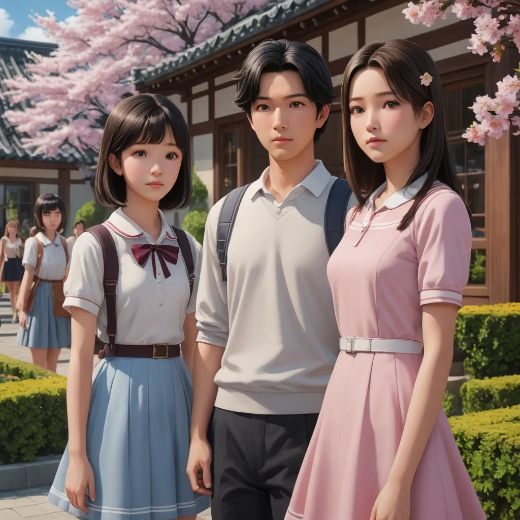 a group of people standing next to each other in front of a building with cherry blossom trees in the background, photorealism, a hyperrealistic painting, Artgerm, official art