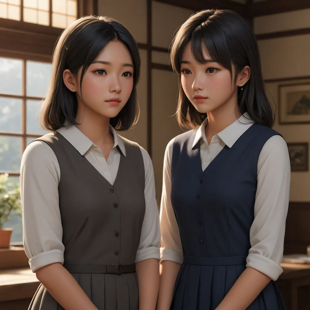 two asian girls standing next to each other in a room with a window and a potted plant on the side, photorealism, a 3D render, Artgerm, cgstudio