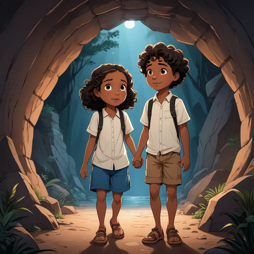 a couple of kids standing in a cave holding hands and looking at each other with a light shining on them, serial art, concept art, Diego Gisbert Llorens, official art