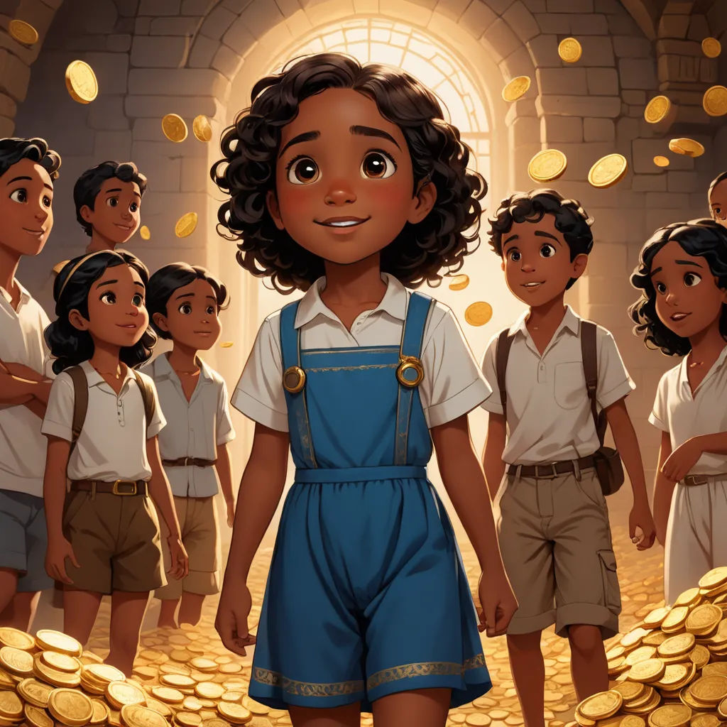 a cartoon of a girl standing in front of a bunch of gold coins with a group of other children, sots art, a storybook illustration, Cliff Childs, official art