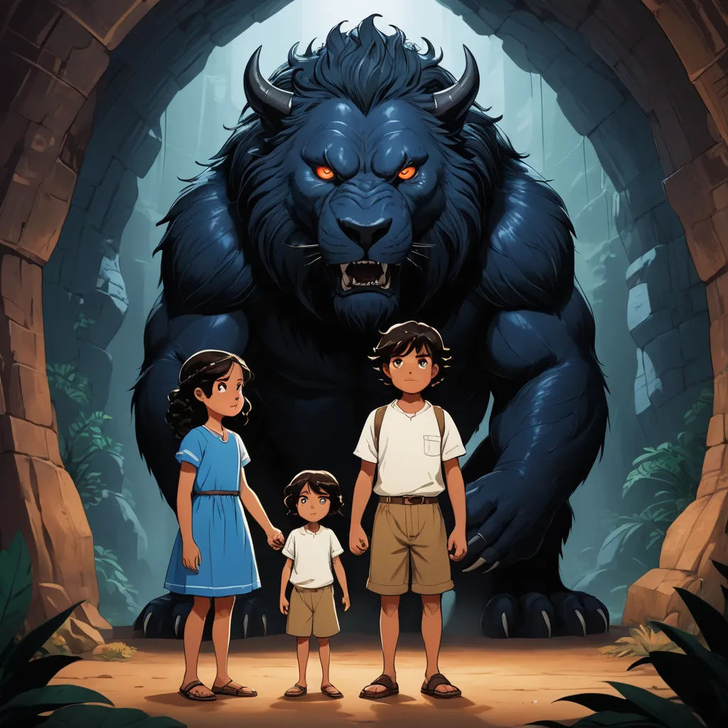 a family standing in front of a giant black bear in a cave with a boy and girl standing next to him, bengal school of art, poster art, Diego Gisbert Llorens, promotional image