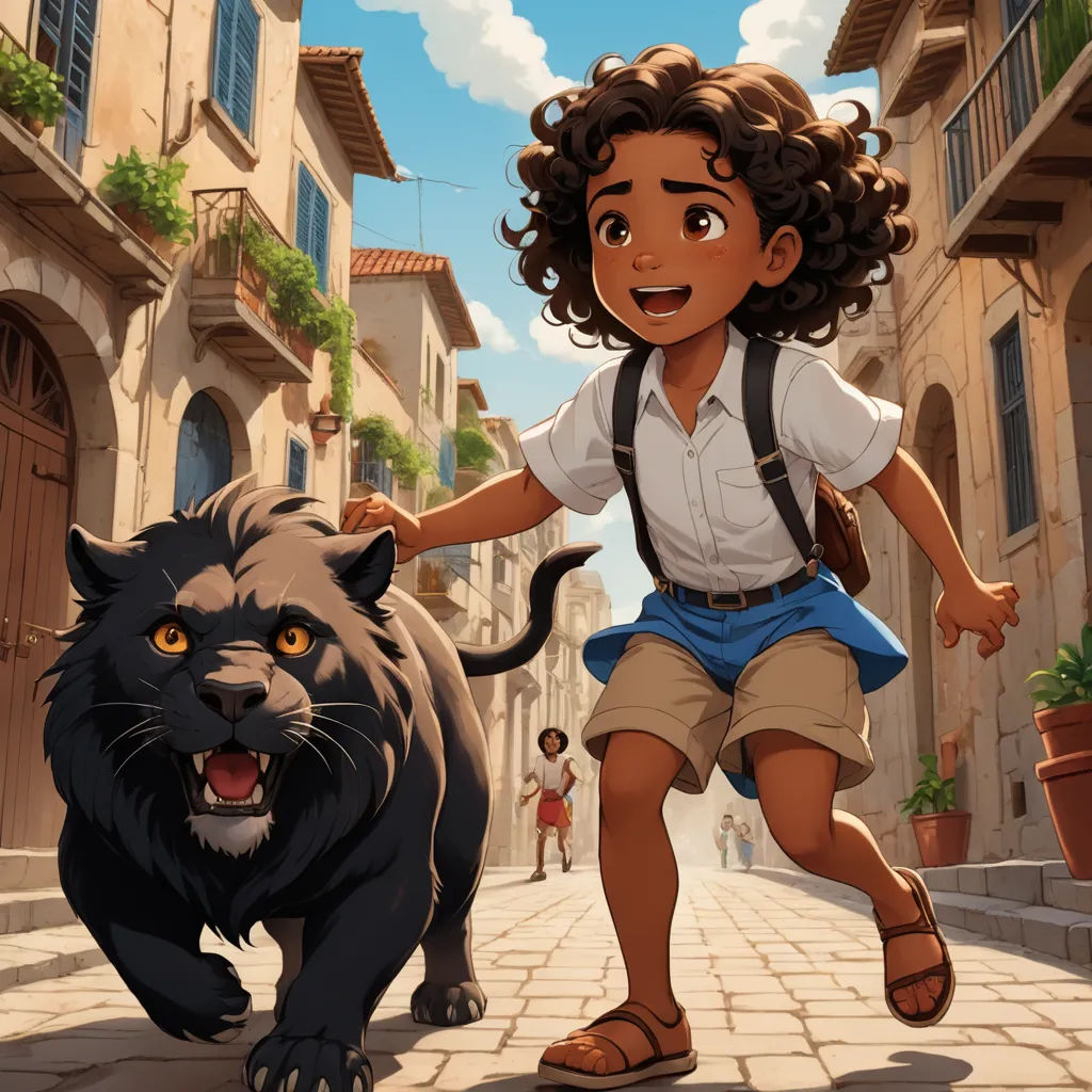 a young girl is running with a cat in the street in front of her and a man in a white shirt, furry art, concept art, Cedric Seaut (Keos Masons), official art