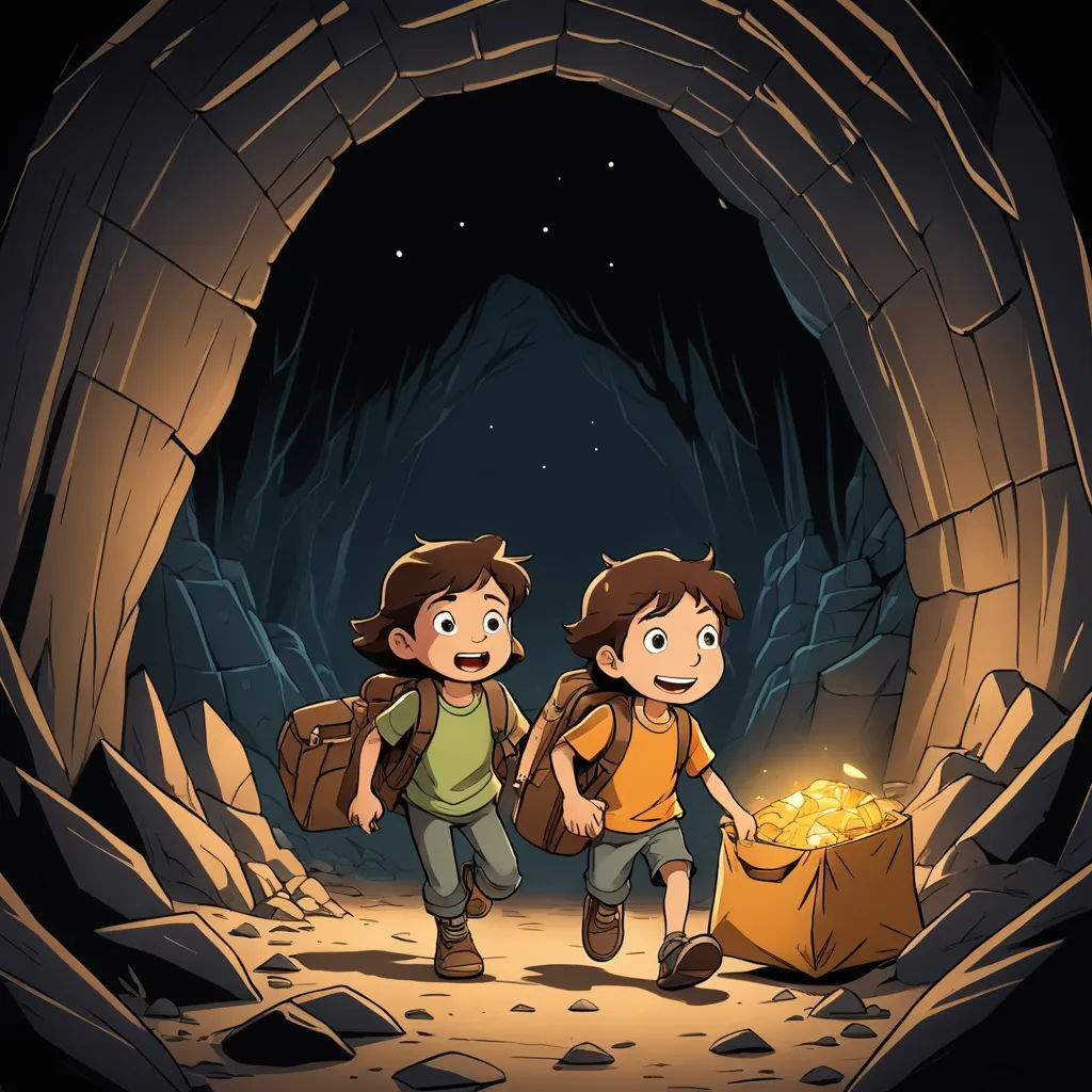 two children are walking through a cave with a bag of gold in hand and a flashlight in the other hand, fantasy art, a storybook illustration, Diego Gisbert Llorens, storybook illustration