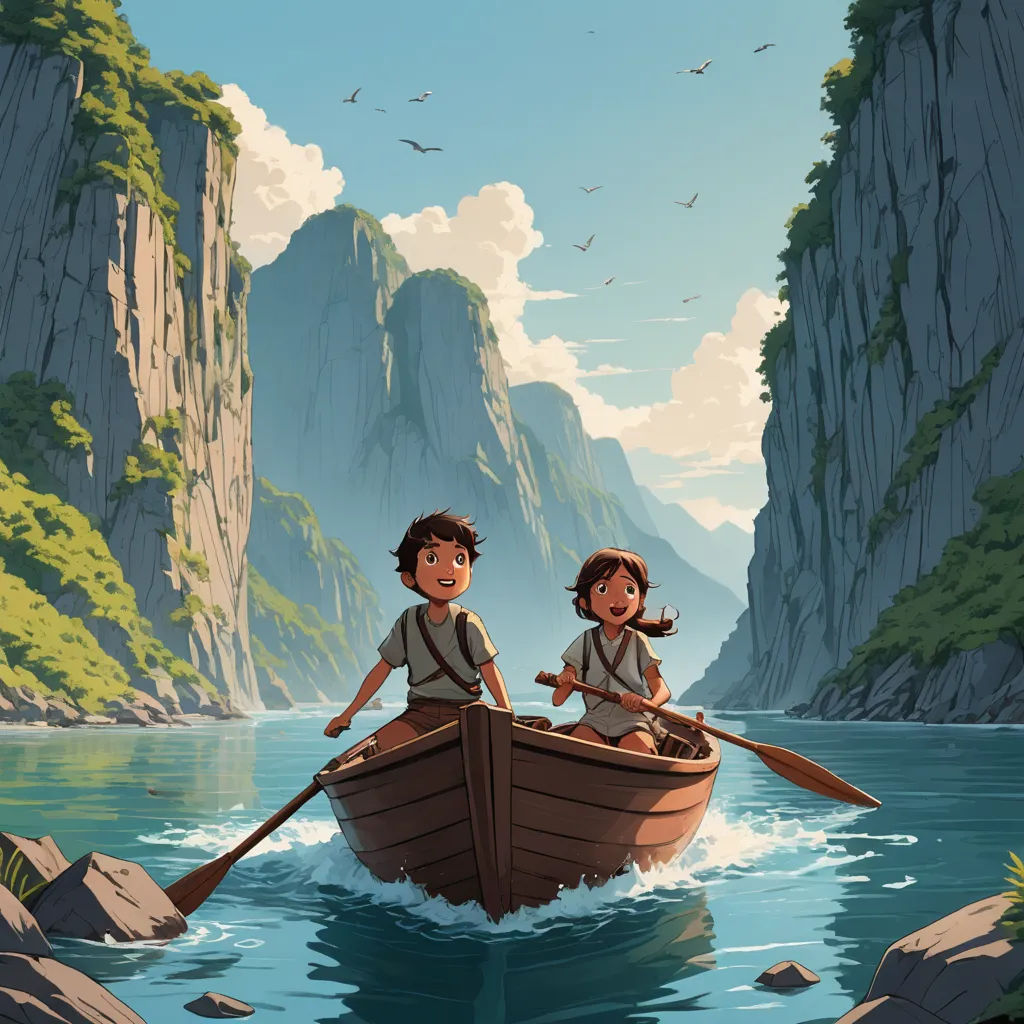 a couple of people riding on the back of a boat in a river next to a mountain range with birds flying overhead, fantasy art, a detailed matte painting, Cliff Childs, ghibli