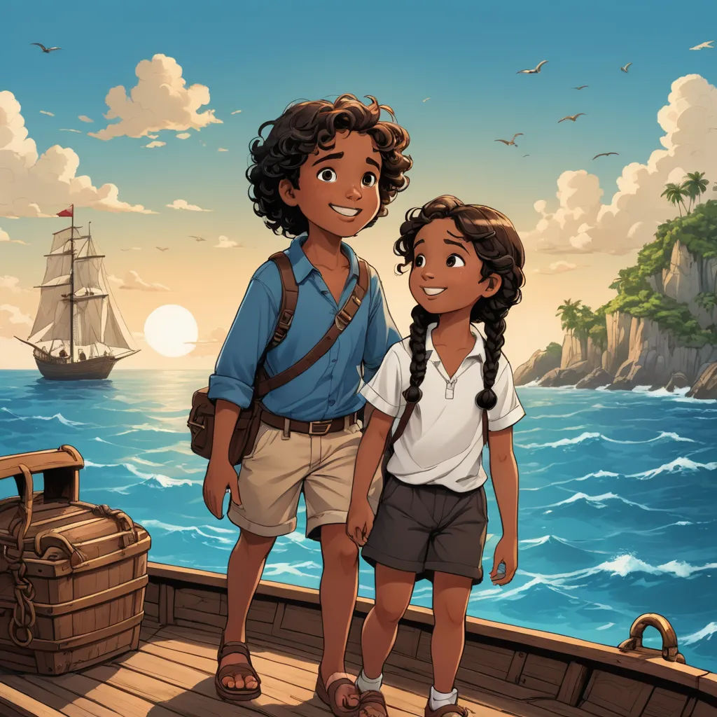 a boy and a girl standing on a boat in the ocean with a pirate ship in the background and a ship in the water, fantasy art, a storybook illustration, Cliff Childs, official art
