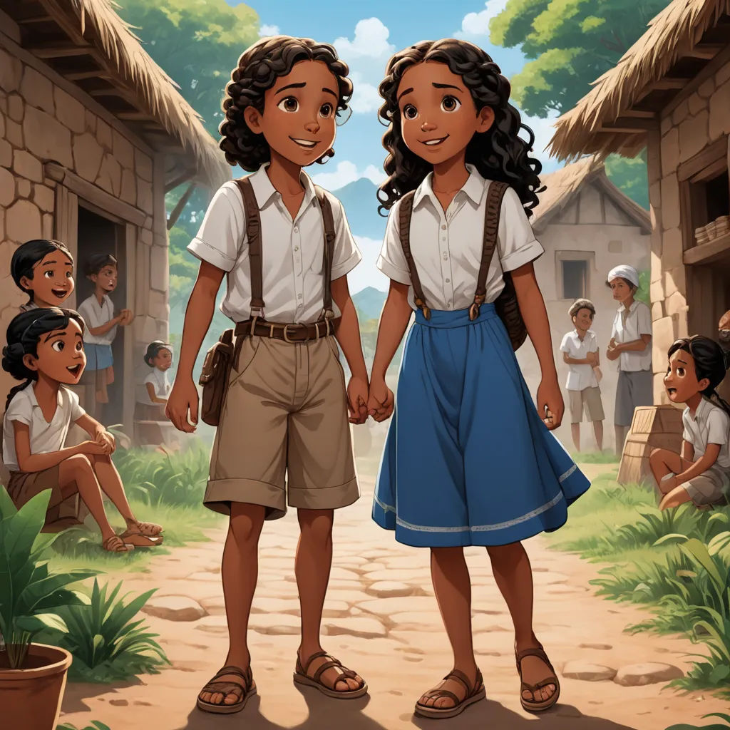 a couple of kids standing next to each other in front of a village with a few people on the other side of the street, harlem renaissance, a storybook illustration, Brothers Hildebrandt, official art