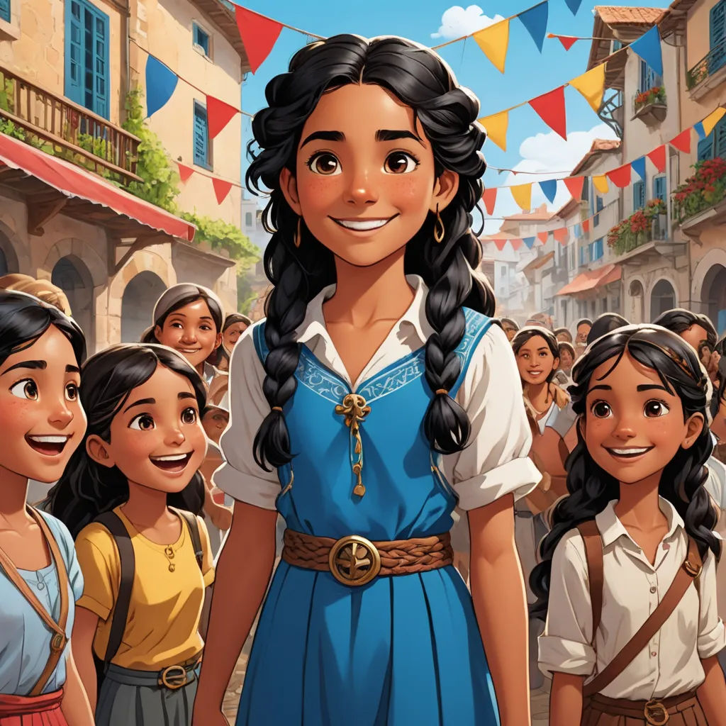 a cartoon of a woman standing in front of a crowd of people in a town square with bunting flags, magical realism, concept art, disney, official art