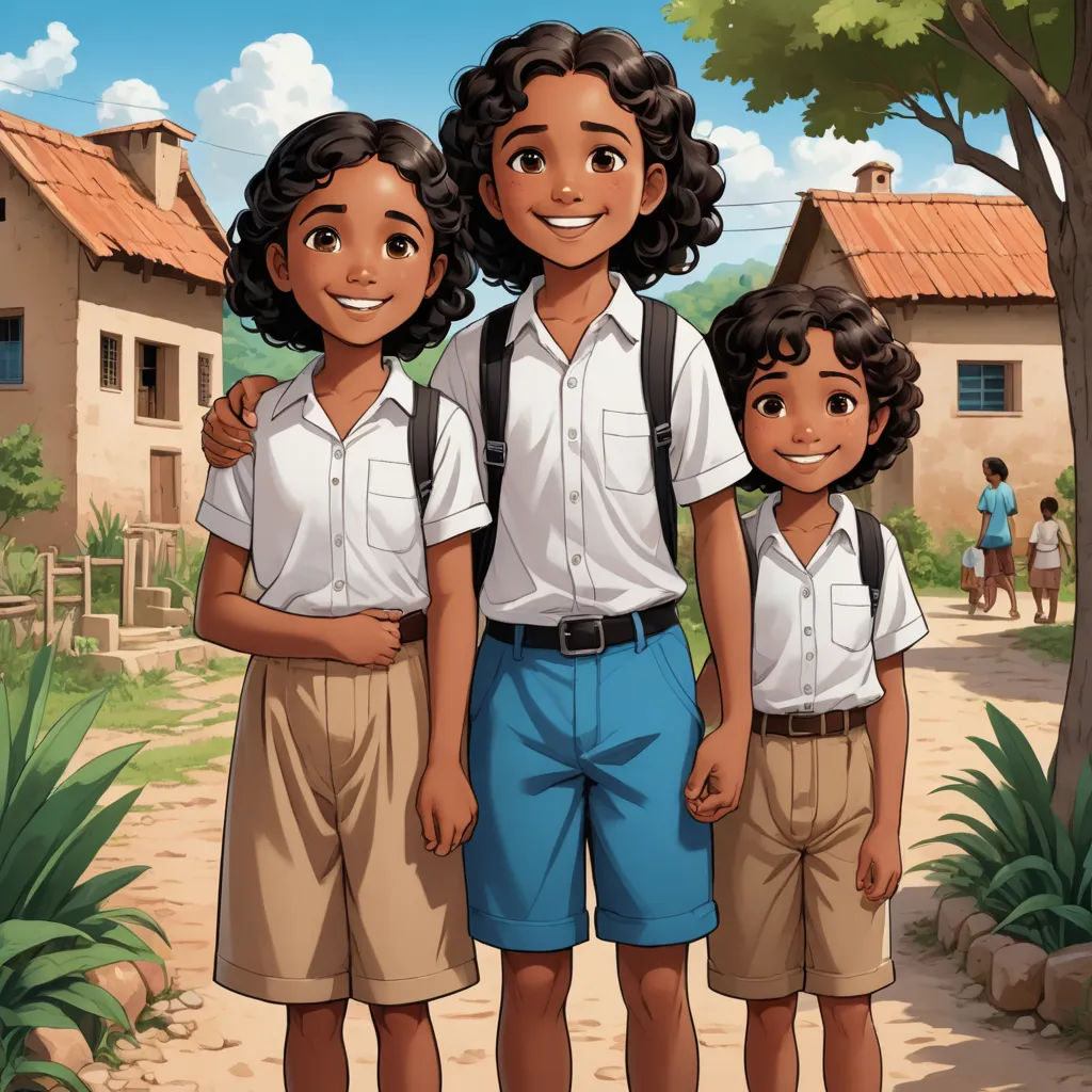 a cartoon of three children standing in front of a house with a tree and a man in the background, samikshavad, a storybook illustration, Brothers Hildebrandt, official art