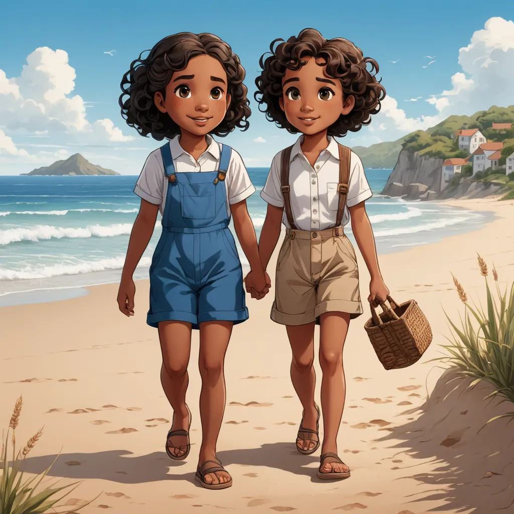 two children walking on a beach holding hands and a basket of luggage in their hands, with a view of the ocean behind them, serial art, concept art, Brothers Hildebrandt, official art